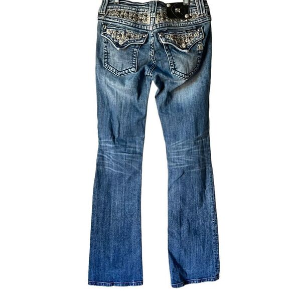 Miss Me JP6151B Boot Cut Low Rise Jeans Crystal Studded Flap Pockets medium wash - Picture 15 of 15
